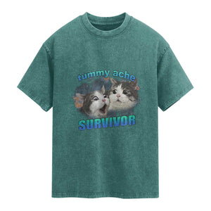 Tummy Ache Survivor Washed Cotton T-Shirt Funny Cat Meme For Cat Lover
