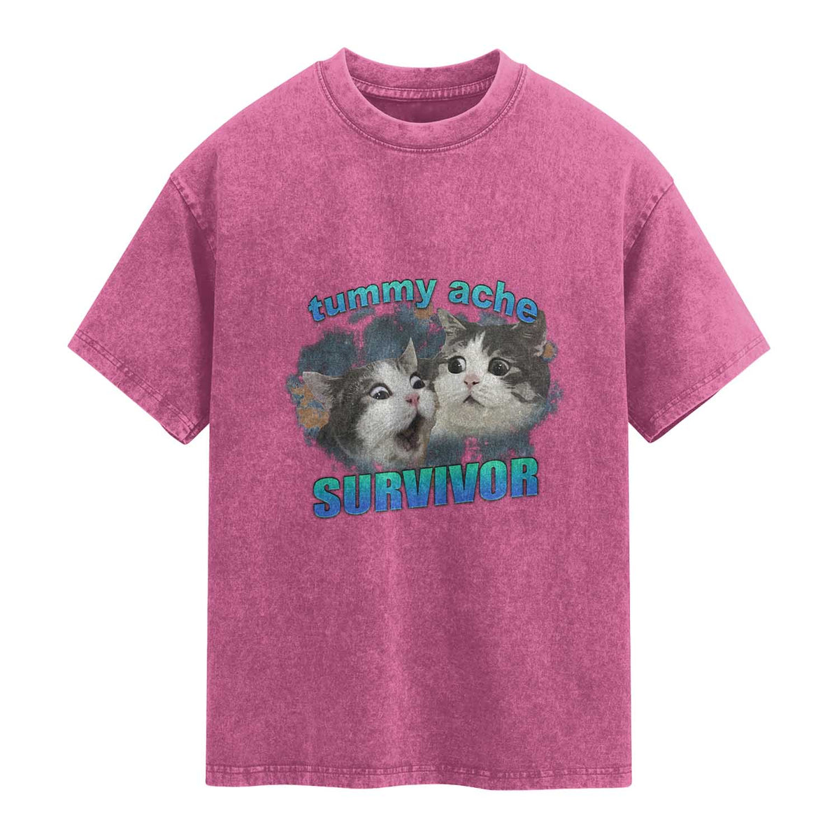 Tummy Ache Survivor Washed Cotton T-Shirt Funny Cat Meme For Cat Lover