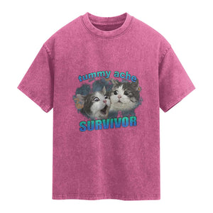 Tummy Ache Survivor Washed Cotton T-Shirt Funny Cat Meme For Cat Lover