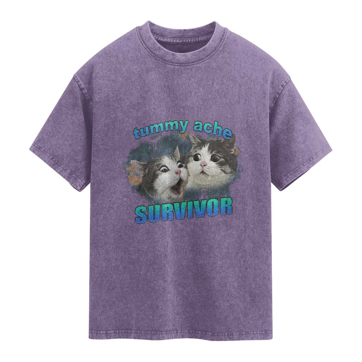 Tummy Ache Survivor Washed Cotton T-Shirt Funny Cat Meme For Cat Lover