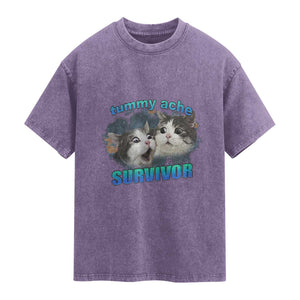 Tummy Ache Survivor Washed Cotton T-Shirt Funny Cat Meme For Cat Lover