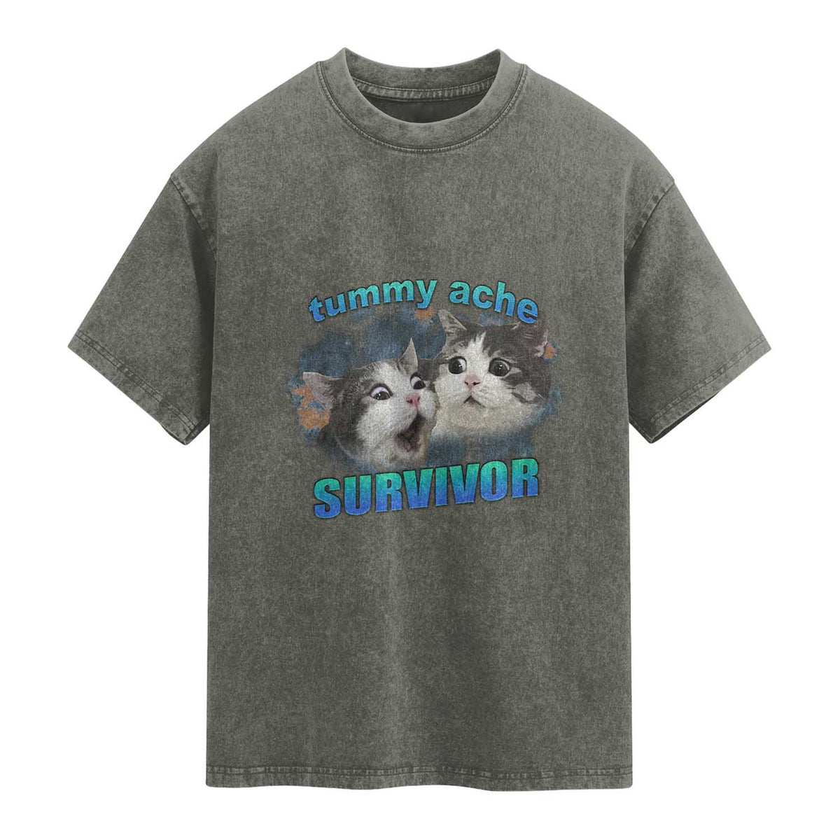 Tummy Ache Survivor Washed Cotton T-Shirt Funny Cat Meme For Cat Lover