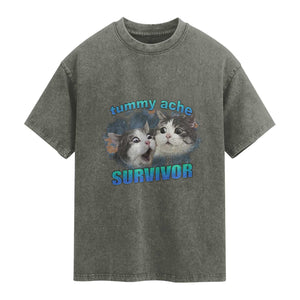 Tummy Ache Survivor Washed Cotton T-Shirt Funny Cat Meme For Cat Lover