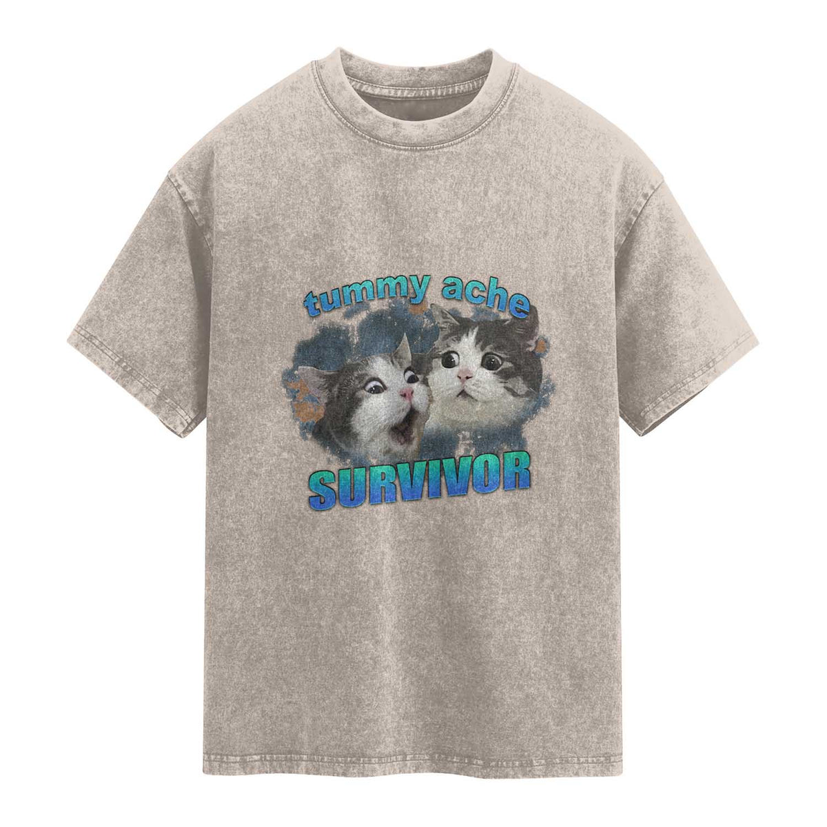 Tummy Ache Survivor Washed Cotton T-Shirt Funny Cat Meme For Cat Lover