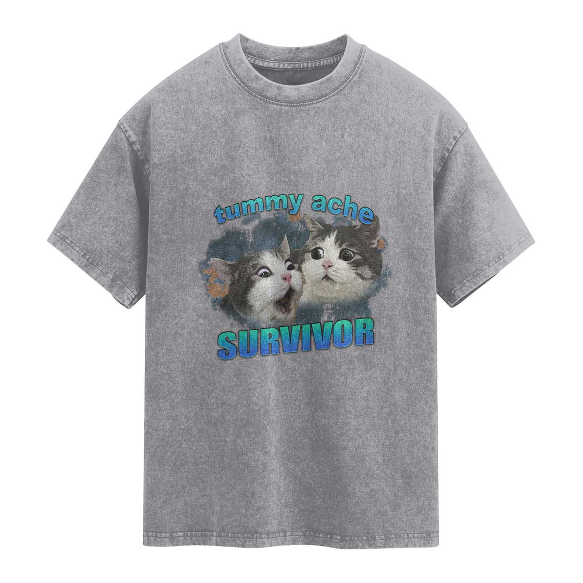 Tummy Ache Survivor Washed Cotton T-Shirt Funny Cat Meme For Cat Lover