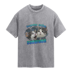 Tummy Ache Survivor Washed Cotton T-Shirt Funny Cat Meme For Cat Lover