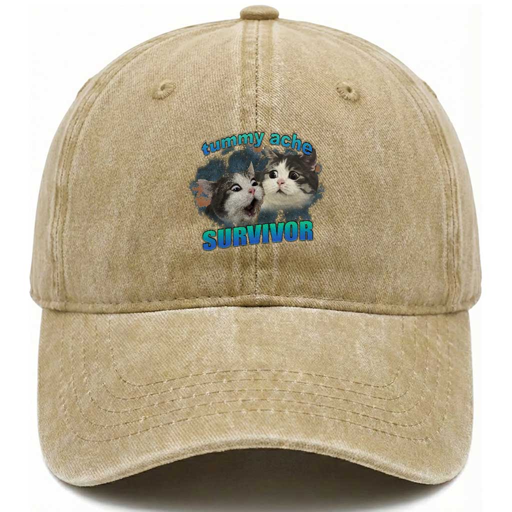 Tummy Ache Survivor Washed Cotton Baseball Cap Funny Cat Meme For Cat Lover TS12 Print Your Wear