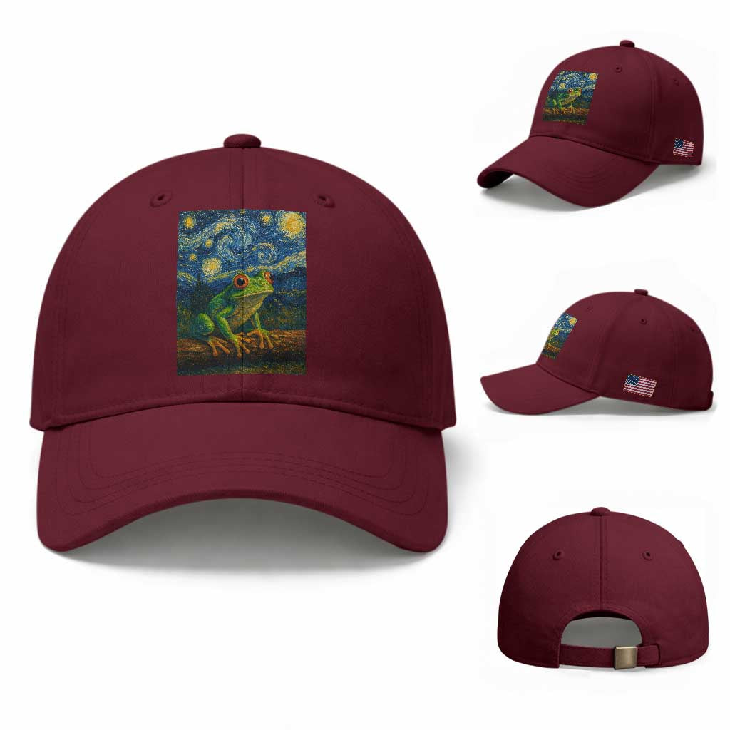 Funny Frog Baseball Cap Van Gogh Style Starry Night TS12 Baseball Cap Universal Fit Maroon Print Your Wear