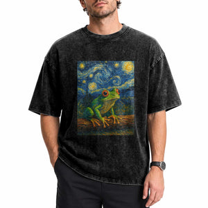 Funny Frog Washed Cotton T-Shirt Van Gogh Style Starry Night