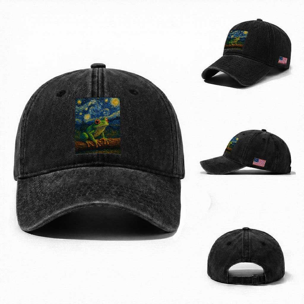 Funny Frog Washed Cotton Baseball Cap Van Gogh Style Starry Night TS12 Washed Cap Universal Fit Black Print Your Wear
