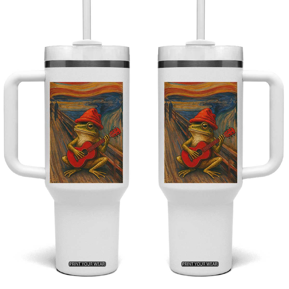 Funny Frog Tumbler With Handle Playing Guitar Van Gogh Starry Night Art Parody TS12 One Size: 40 oz White Print Your Wear