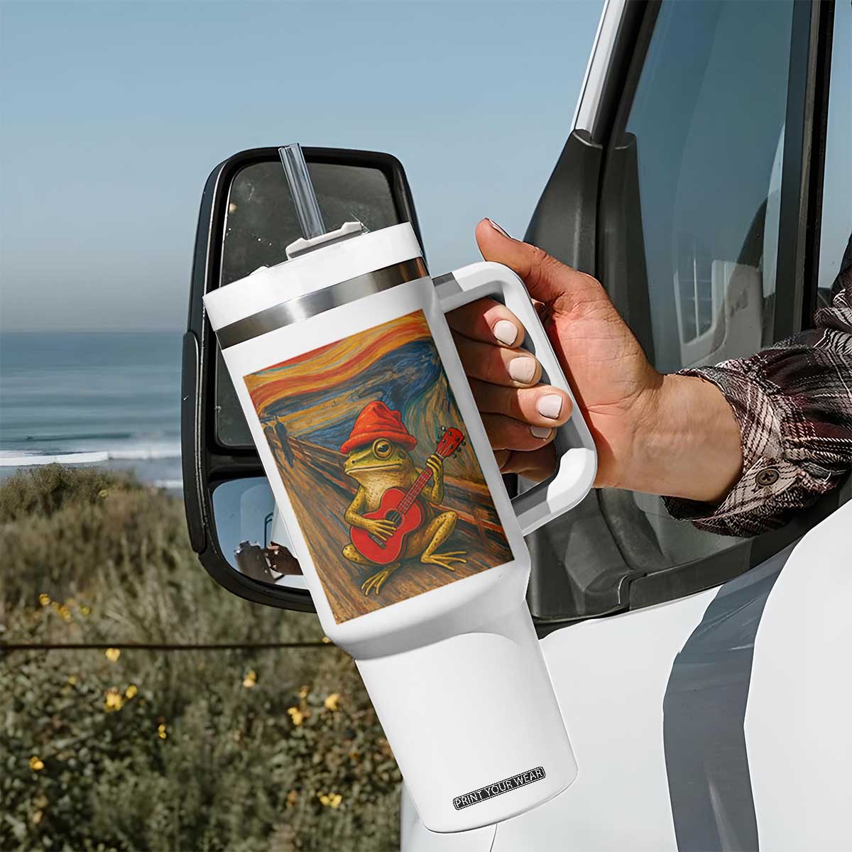 Funny Frog Tumbler With Handle Playing Guitar Van Gogh Starry Night Art Parody TS12 Print Your Wear