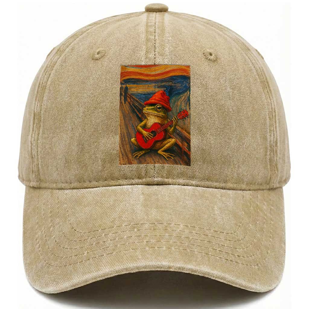 Funny Frog Washed Cotton Baseball Cap Playing Guitar Van Gogh Starry Night Art Parody TS12 Print Your Wear