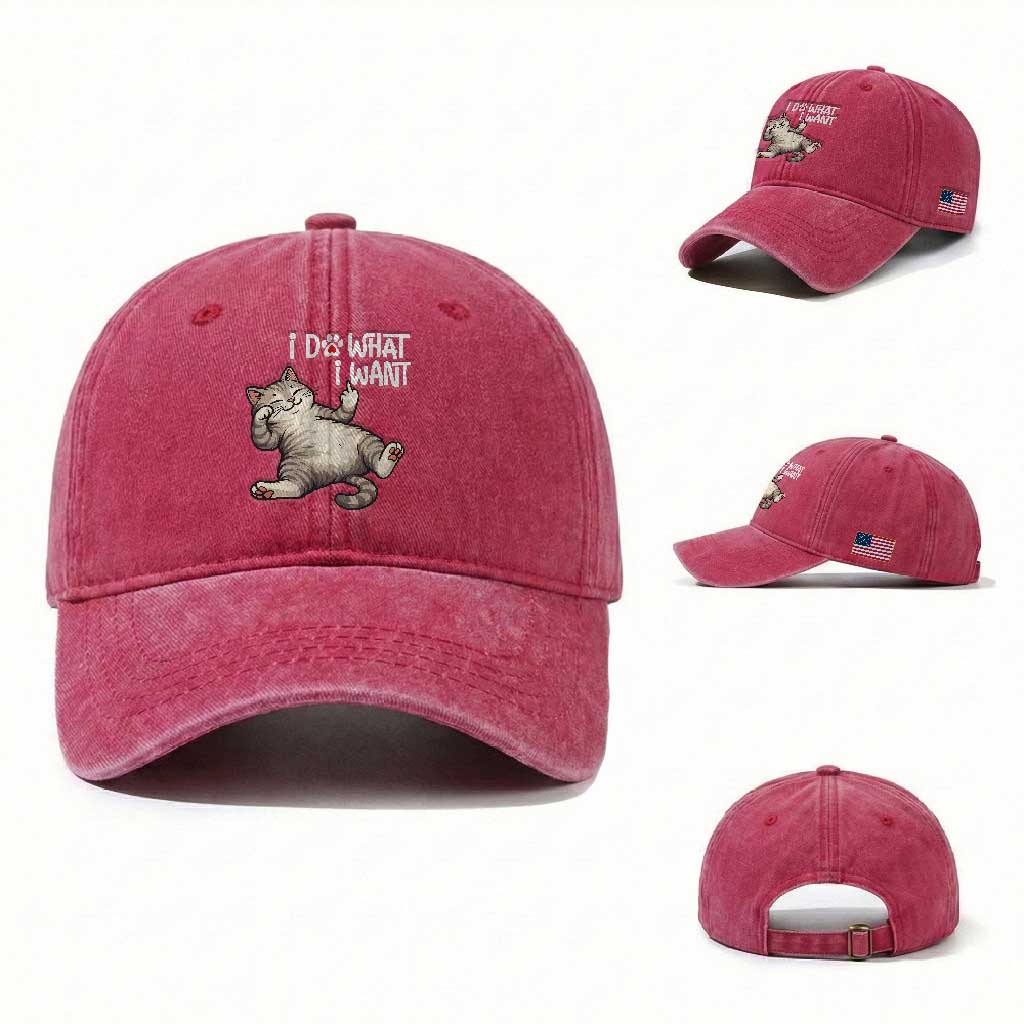 Funny Cat Washed Cotton Baseball Cap I Do What I Want TS12 Washed Cap Universal Fit Red Print Your Wear