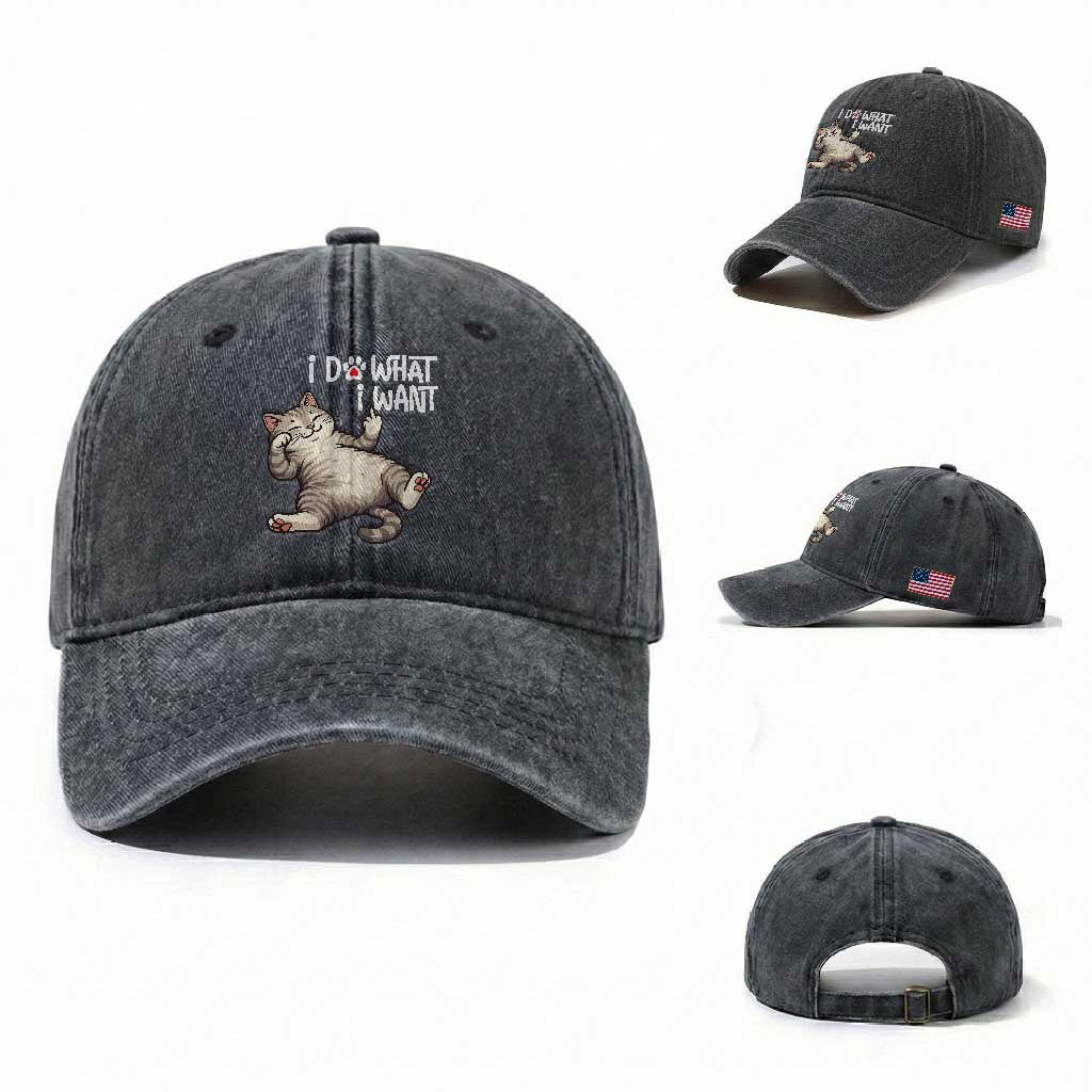 Funny Cat Washed Cotton Baseball Cap I Do What I Want TS12 Washed Cap Universal Fit Dark Gray Print Your Wear