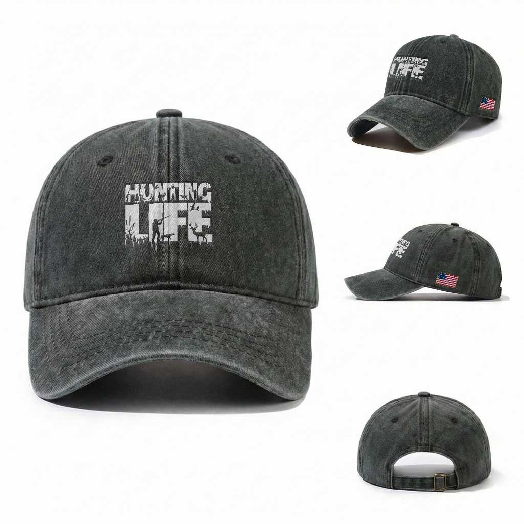 Hunting Life Washed Cotton Baseball Cap Funny Hunter Gift TS12 Washed Cap Universal Fit Dark Green Print Your Wear