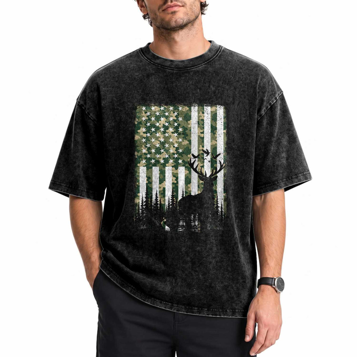 Deer Hunting Washed Cotton T-Shirt American Flag Camo Gift
