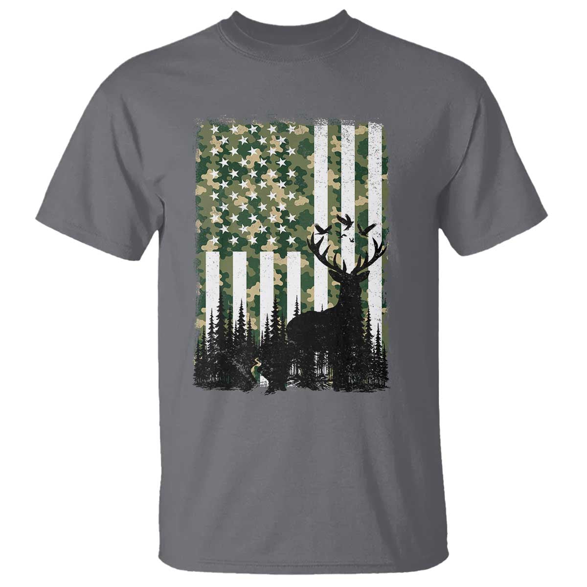 Deer Hunting T Shirt American Flag Camo Gift TS12 Charcoal Print Your Wear
