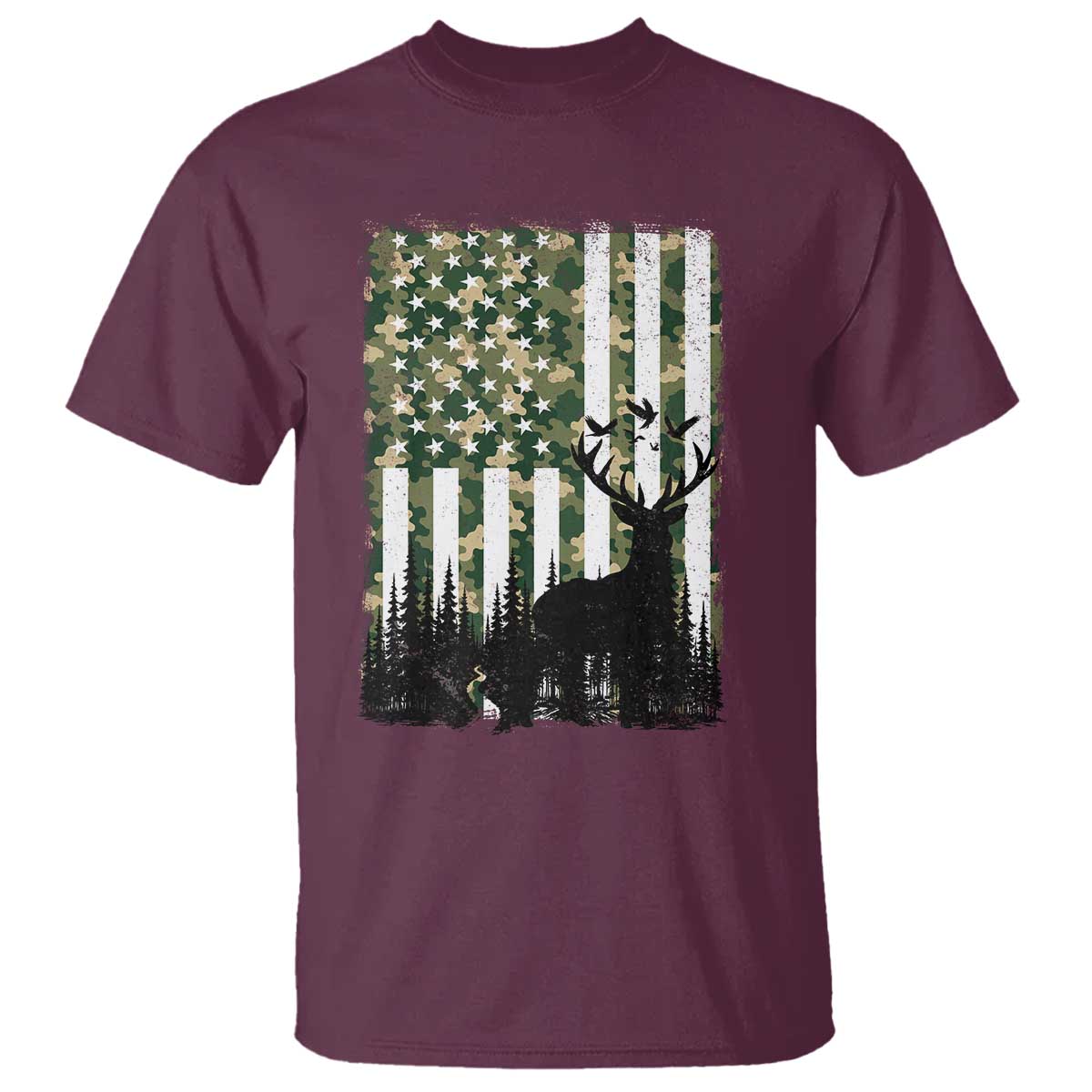 Deer Hunting T Shirt American Flag Camo Gift TS12 Maroon Print Your Wear