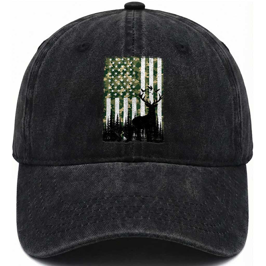Deer Hunting Washed Cotton Baseball Cap American Flag Camo Gift TS12 Washed Cap Universal Fit Black Print Your Wear
