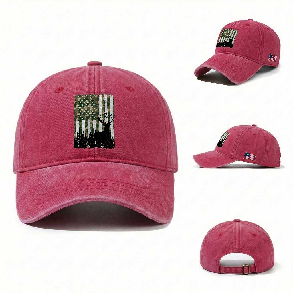Deer Hunting Washed Cotton Baseball Cap American Flag Camo Gift TS12 Washed Cap Universal Fit Red Print Your Wear