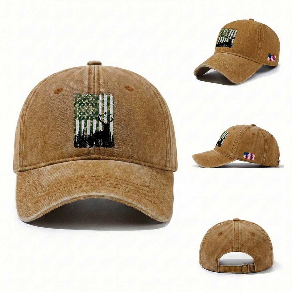 Deer Hunting Washed Cotton Baseball Cap American Flag Camo Gift TS12 Washed Cap Universal Fit Yellow Ochre Print Your Wear