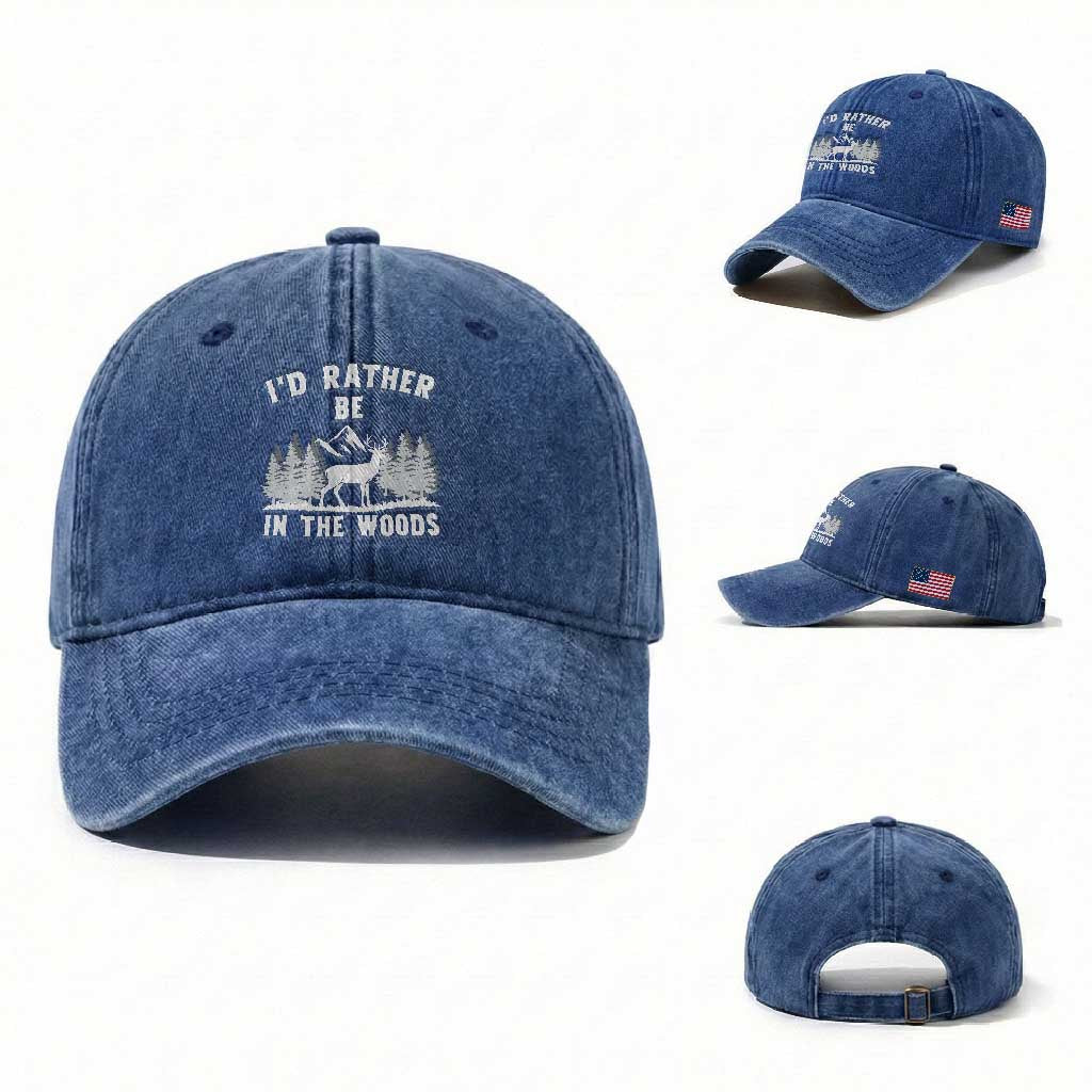 I Would Rather Be In The Woods Washed Cotton Baseball Cap Deer Hunter Gift TS12 Washed Cap Universal Fit Royal Blue Print Your Wear