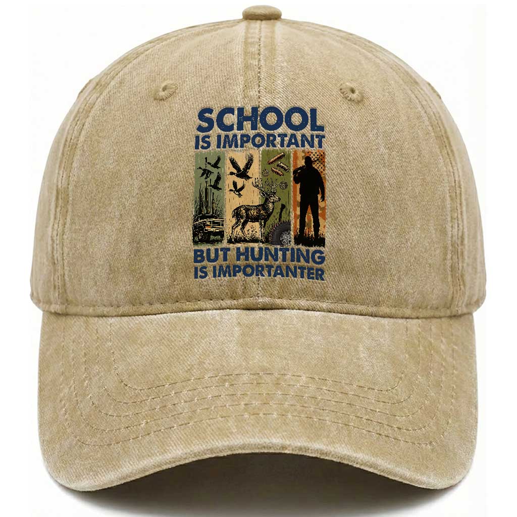 School Is Important But Hunting Is Importanter Washed Cotton Baseball Cap Retro Deer Hunting Gift TS12 Washed Cap Universal Fit Khaki Print Your Wear