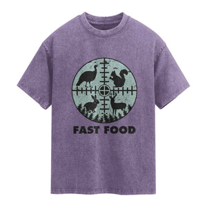 Funny Hunter Joke Washed Cotton T-Shirt Hunting Fast Food Animals