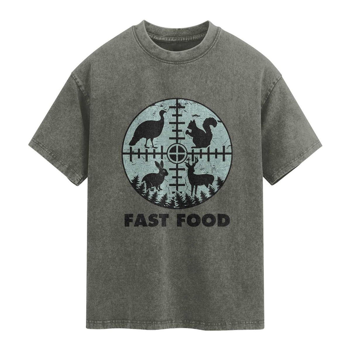 Funny Hunter Joke Washed Cotton T-Shirt Hunting Fast Food Animals