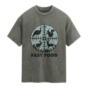 Funny Hunter Joke Washed Cotton T-Shirt Hunting Fast Food Animals