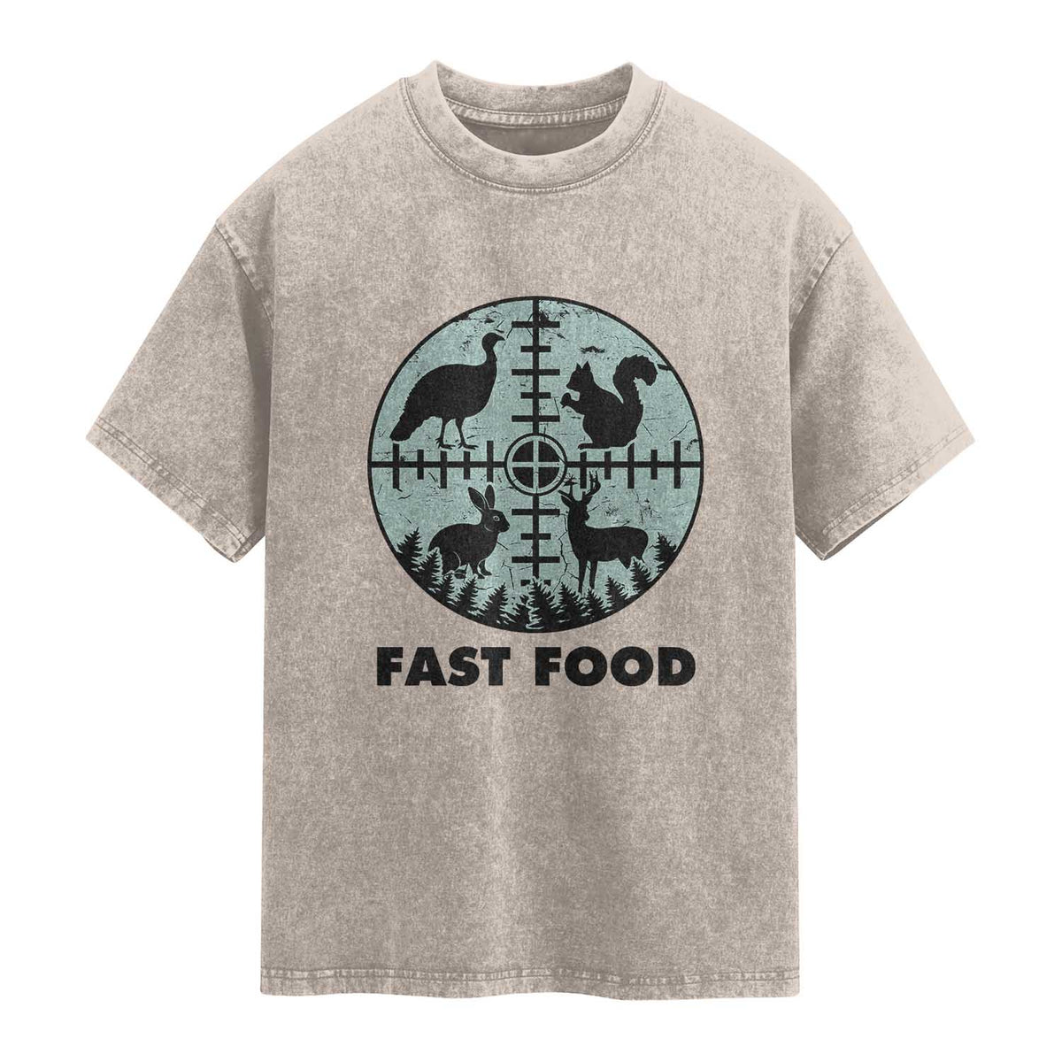 Funny Hunter Joke Washed Cotton T-Shirt Hunting Fast Food Animals