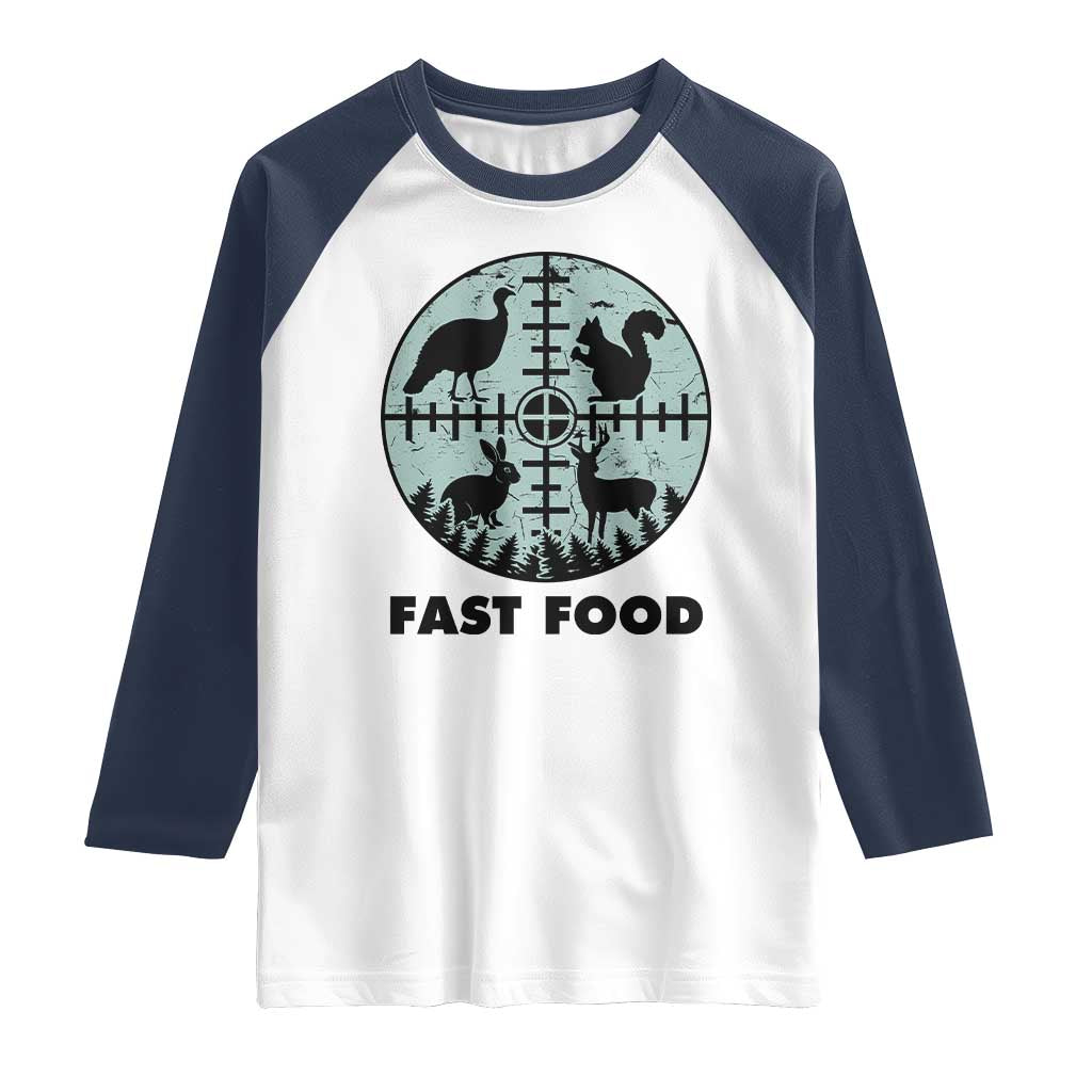Funny Hunter Joke Raglan Shirt Hunting Fast Food Animals TS12 White Navy Print Your Wear