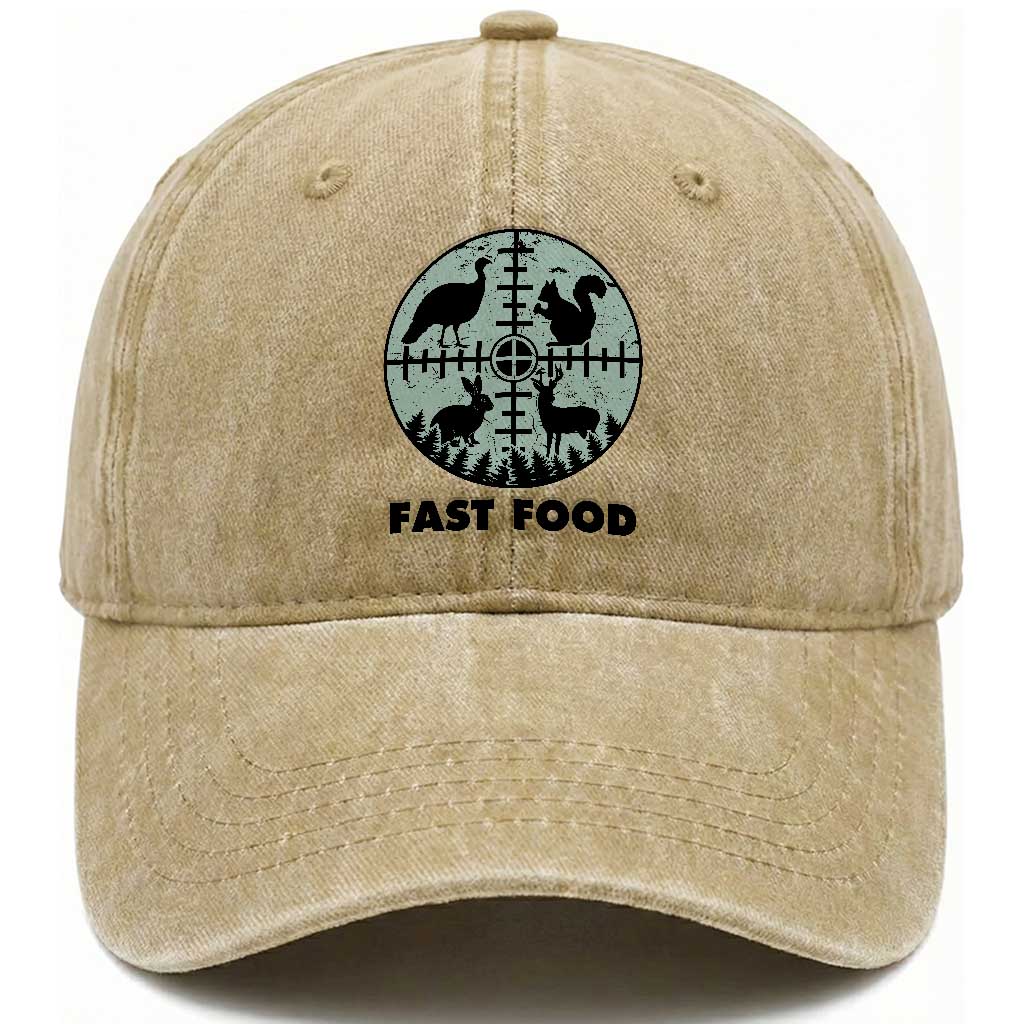 Funny Hunter Joke Washed Cotton Baseball Cap Hunting Fast Food Animals TS12 Washed Cap Universal Fit Khaki Print Your Wear