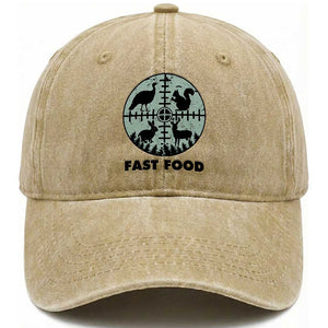 Funny Hunter Joke Washed Cotton Baseball Cap Hunting Fast Food Animals TS12 Washed Cap Universal Fit Khaki Print Your Wear