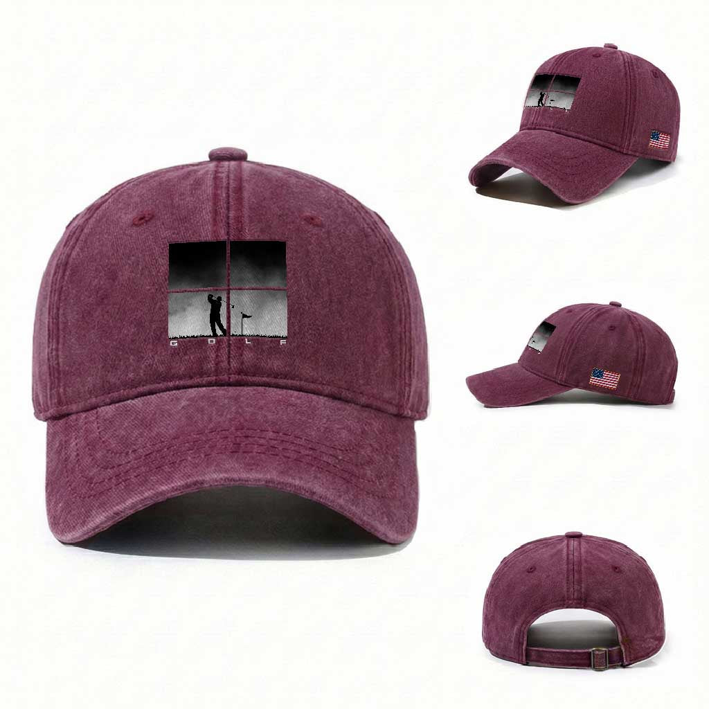Gift For Sports Lover Washed Cotton Baseball Cap Retro Golf Silhouette Art TS12 Washed Cap Universal Fit Burgundy Print Your Wear