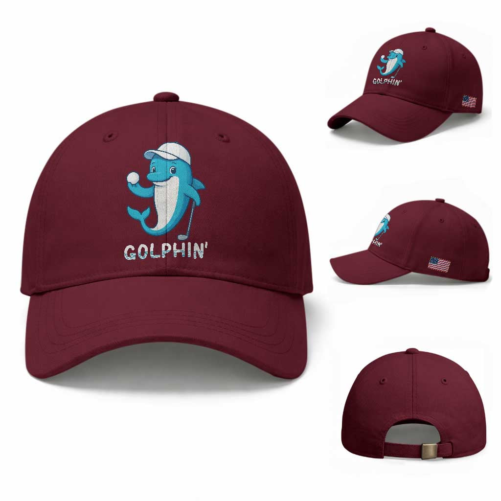 Golphin Dolphin Pun Baseball Cap Funny Golf Gift TS12 Baseball Cap Universal Fit Maroon Print Your Wear