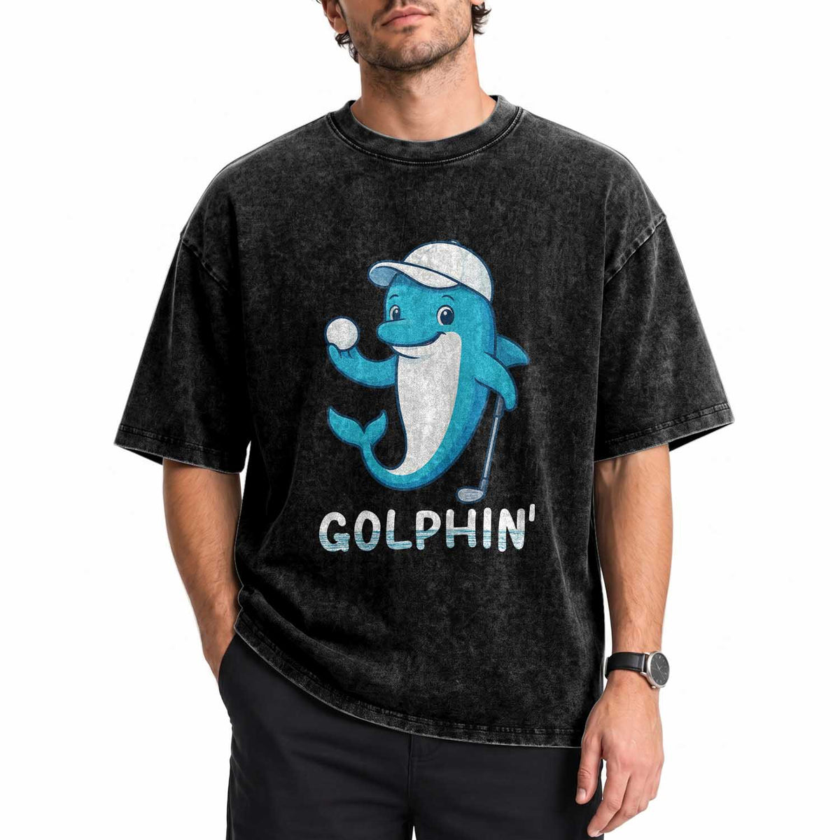 Golphin Dolphin Pun Washed Cotton T-Shirt Funny Golf Gift