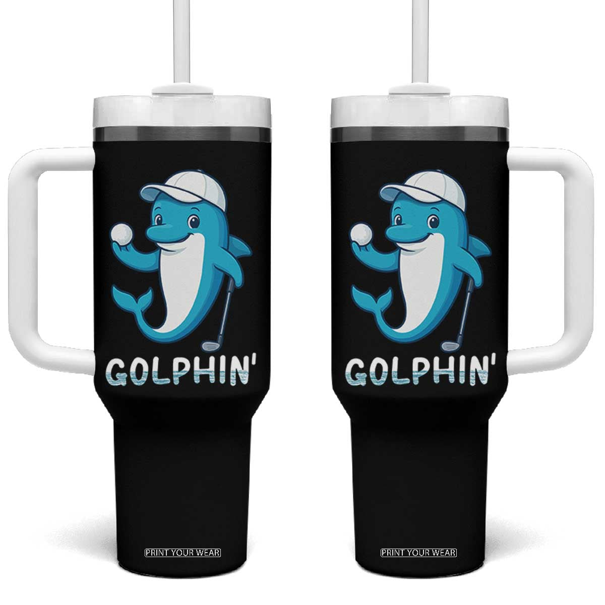 Golphin Dolphin Pun Tumbler With Handle Funny Golf Gift TS12 One Size: 40 oz Black Print Your Wear