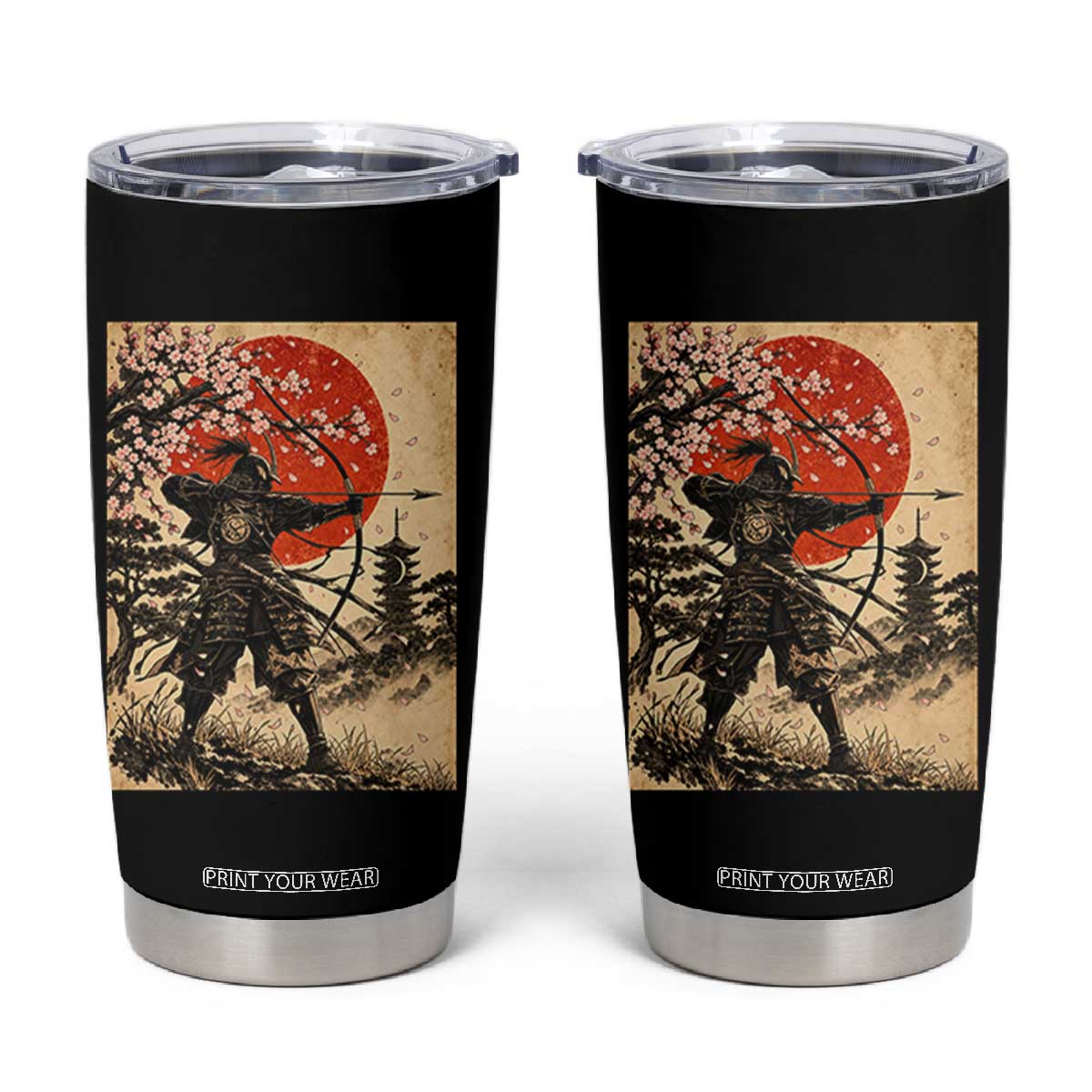 Vintage Japanese Samurai Archer Tumbler Cup Ukiyoe Style Kyudo Bowhunter