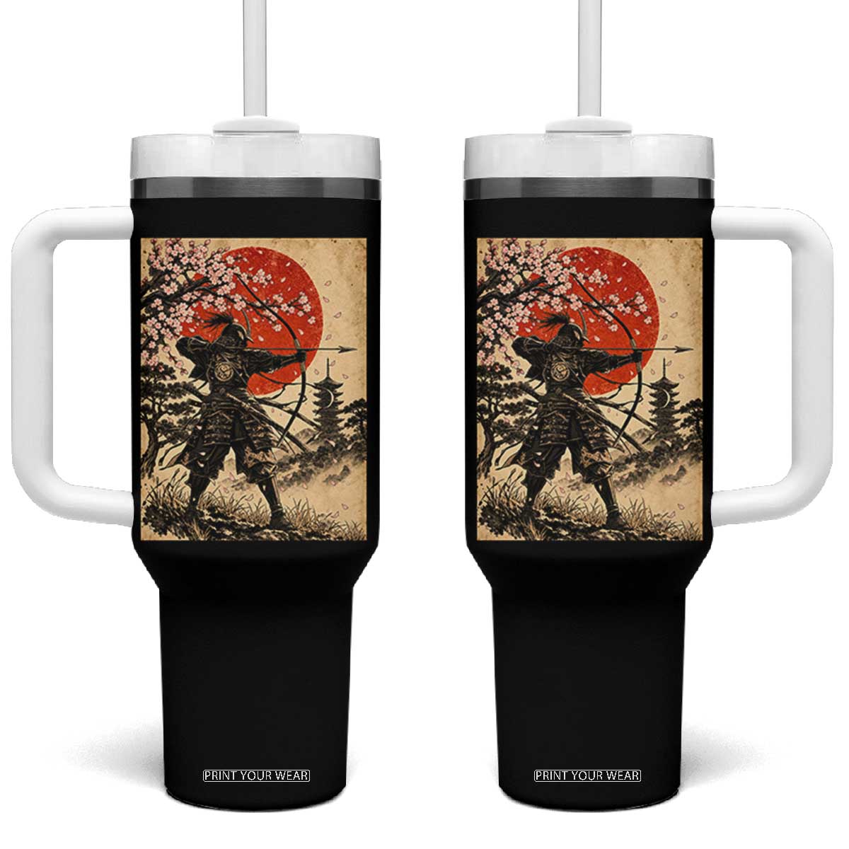 Vintage Japanese Samurai Archer Tumbler With Handle Ukiyoe Style Kyudo Bowhunter