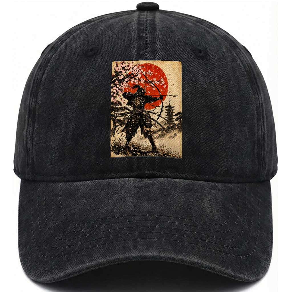 Vintage Japanese Samurai Archer Washed Cotton Baseball Cap Ukiyoe Style Kyudo Bowhunter