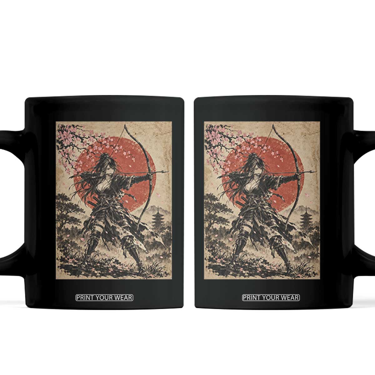 Japanese Samurai Archer Girl Coffee Mug Vintage Ukiyoe Style Kyudo Bowhunter