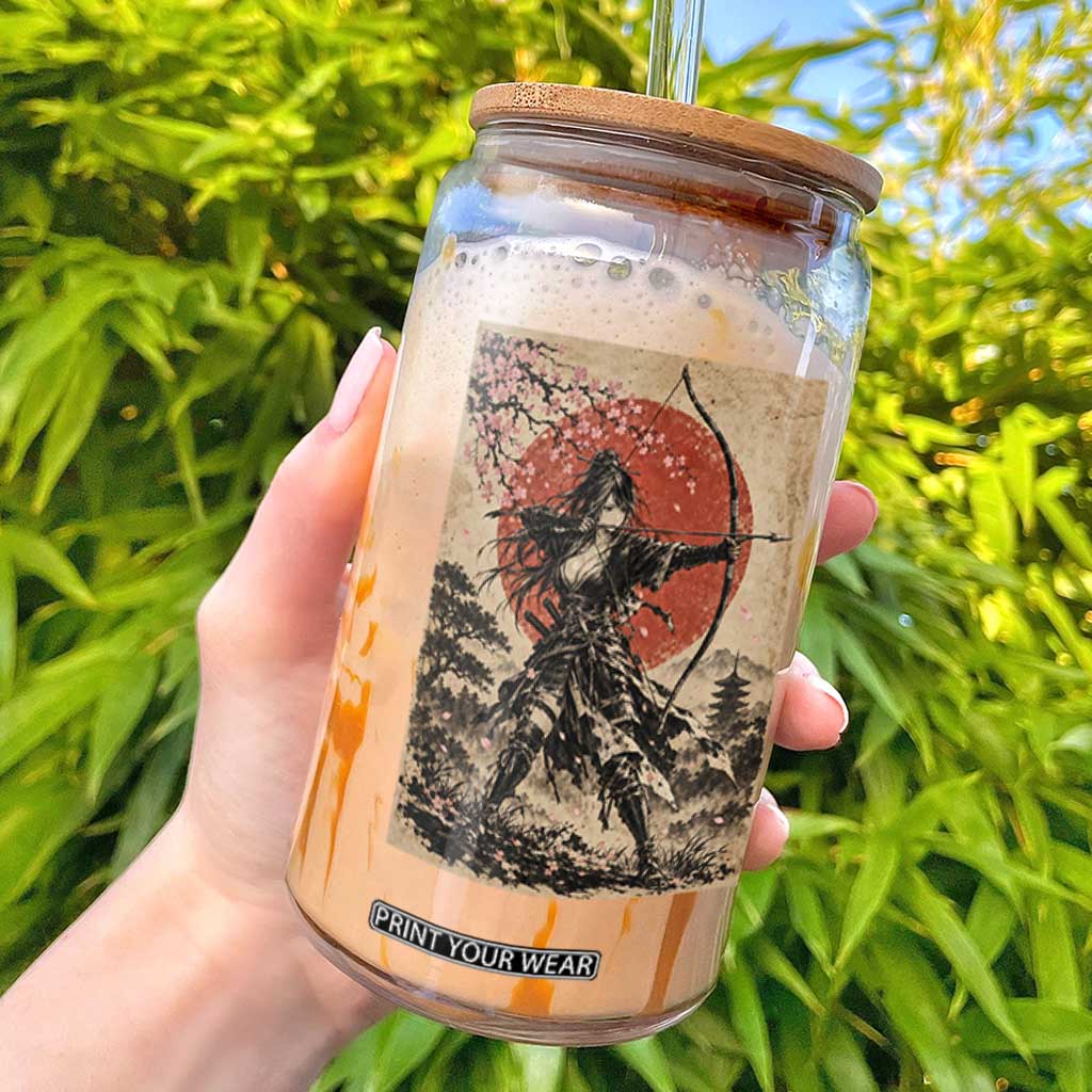 Japanese Samurai Archer Girl Glass Can Vintage Ukiyoe Style Kyudo Bowhunter