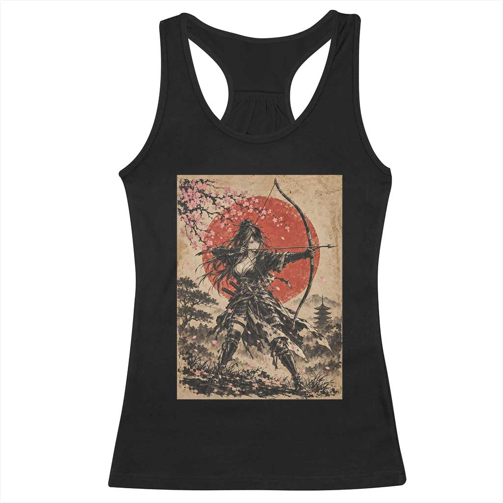 Japanese Samurai Archer Girl Racerback Tank Top Vintage Ukiyoe Style Kyudo Bowhunter