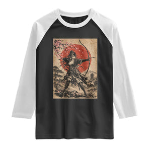 Japanese Samurai Archer Girl Raglan Shirt Vintage Ukiyoe Style Kyudo Bowhunter