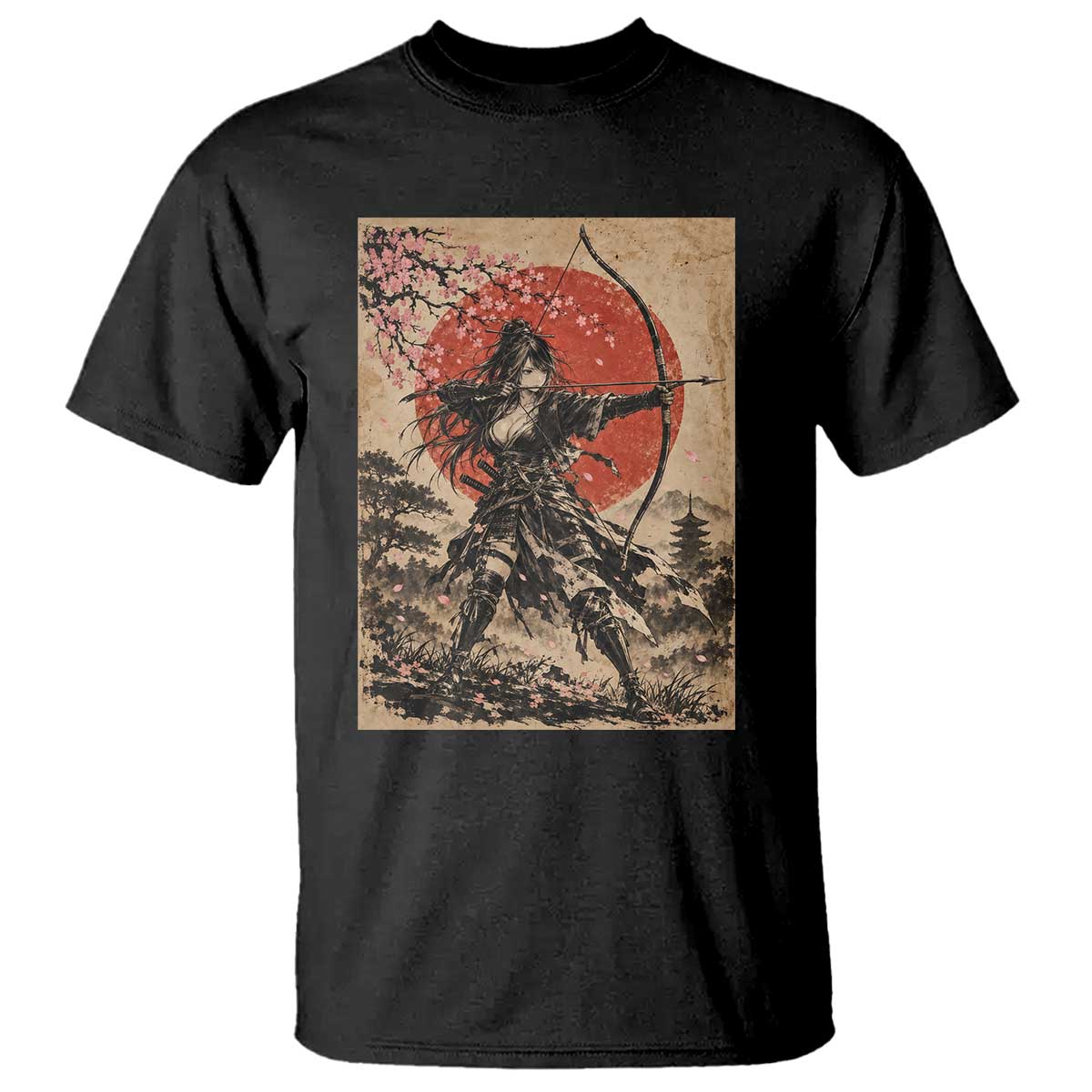 Japanese Samurai Archer Girl T Shirt Vintage Ukiyoe Style Kyudo Bowhunter