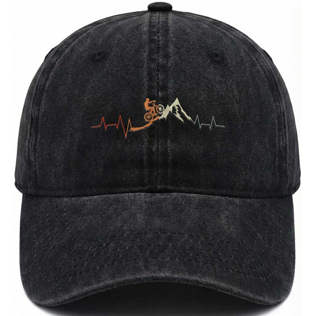 Mountain Biking Lover Washed Cotton Baseball Cap Vintage Heartbeat Bicycle Outdoor Adventure Gift