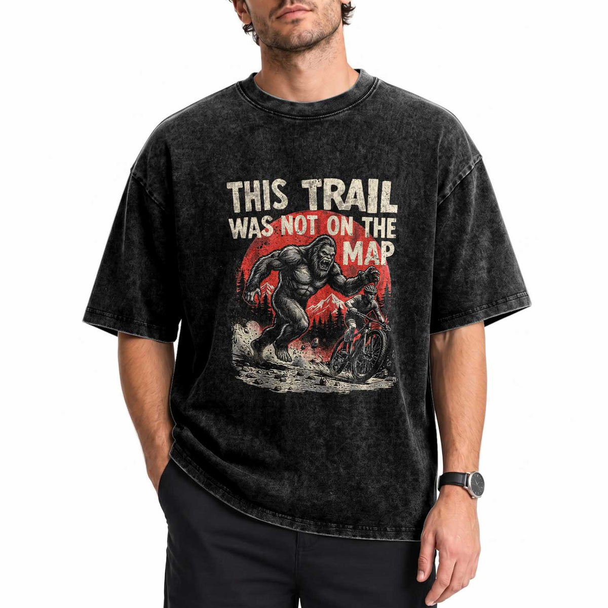 Funny Bigfoot Chasing Mountain Biker Washed Cotton T-Shirt This Trail Was Not On The Map