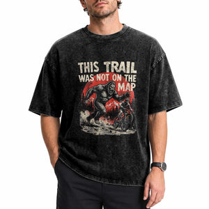 Funny Bigfoot Chasing Mountain Biker Washed Cotton T-Shirt This Trail Was Not On The Map